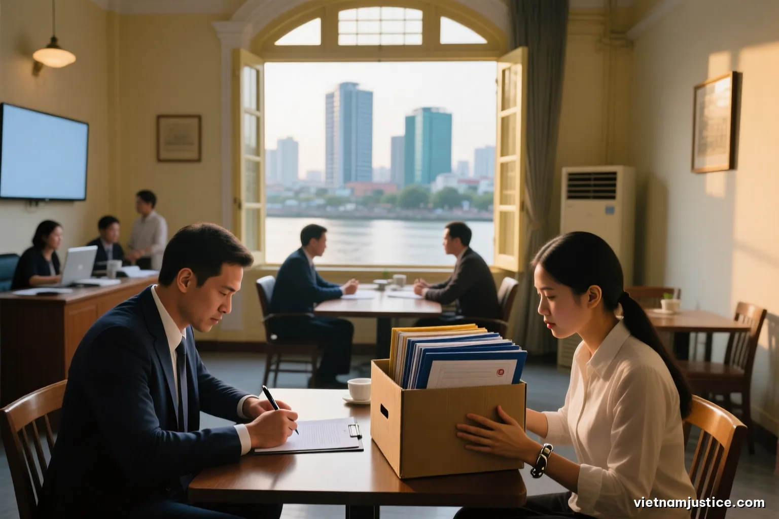 A man seen from behind sorting thick folders into a cardboard box on a table in an apartment in Hue, river view through the window, late afternoon light