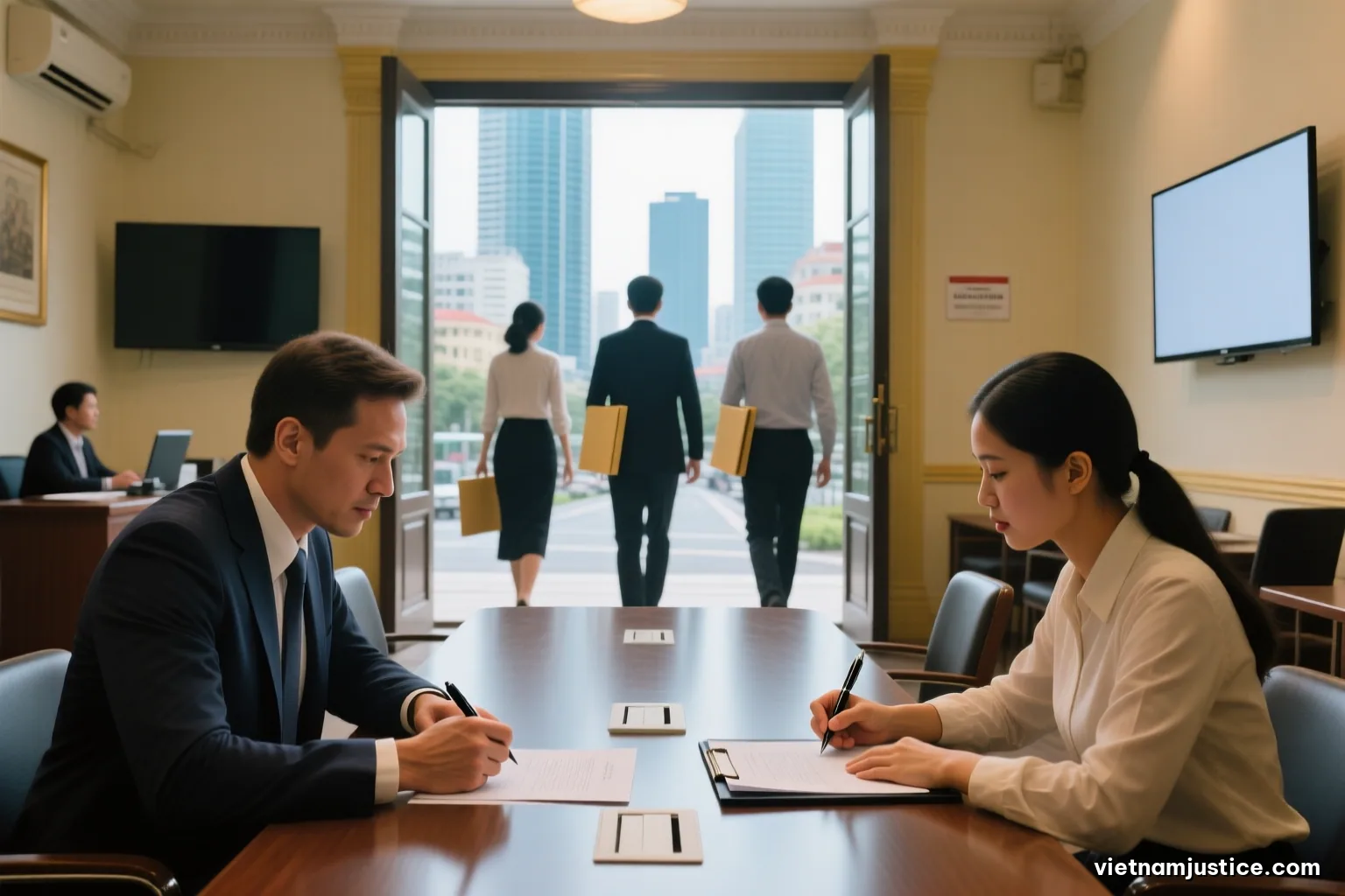 A boardroom in a Ho Chi Minh City office tower seen from the doorway, three people from behind passing blank folders across a long table, city skyline through glass