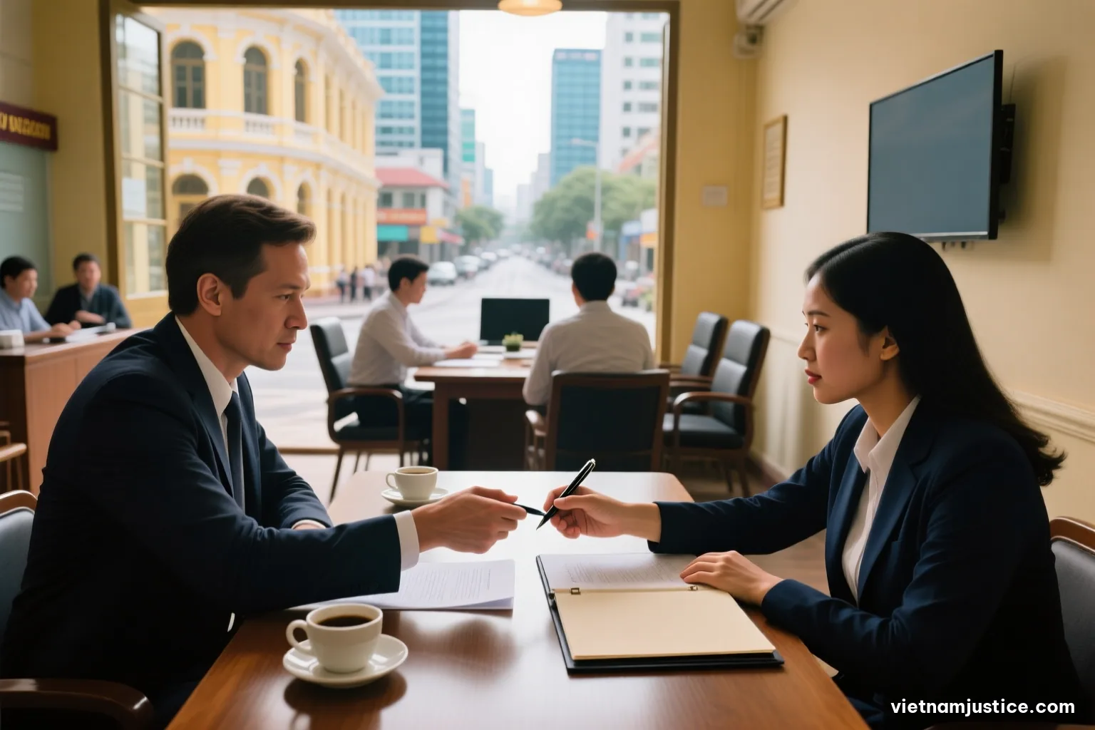 Overhead shot of two pairs of hands exchanging a pen across a wooden table in a Hai Phong office, a blank folder between them, coffee cups, morning light