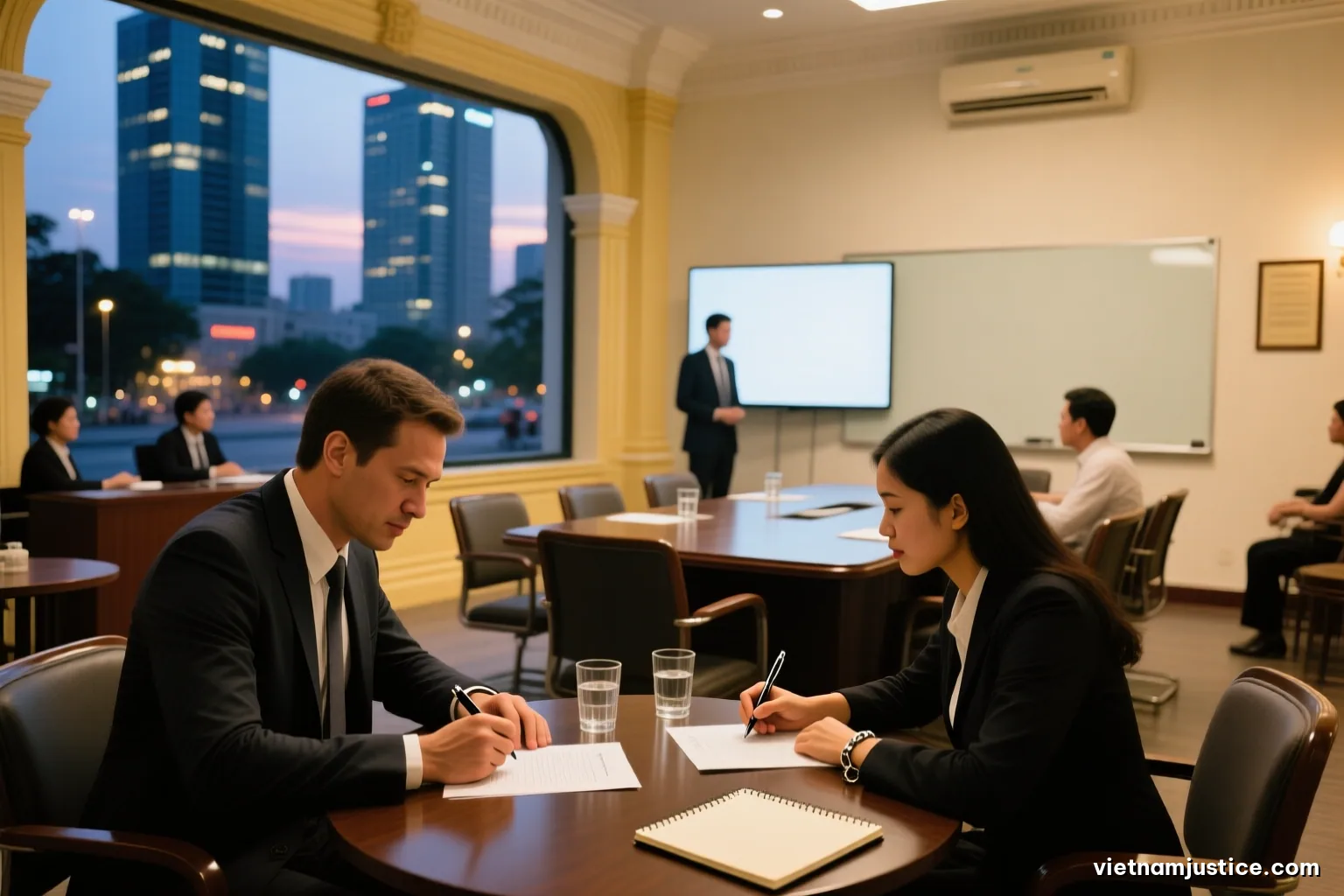Empty boardroom in a Ho Chi Minh City office tower after a meeting, chairs pushed back unevenly, water glasses half full, blank notepads scattered, dusk city lights outside