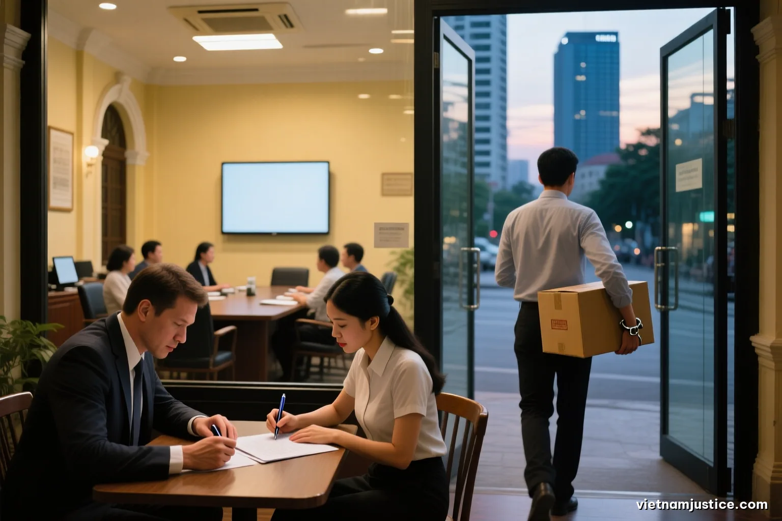A foreign office worker seen from behind carrying a cardboard box of personal belongings out of a glass office lobby in Ho Chi Minh City at dusk