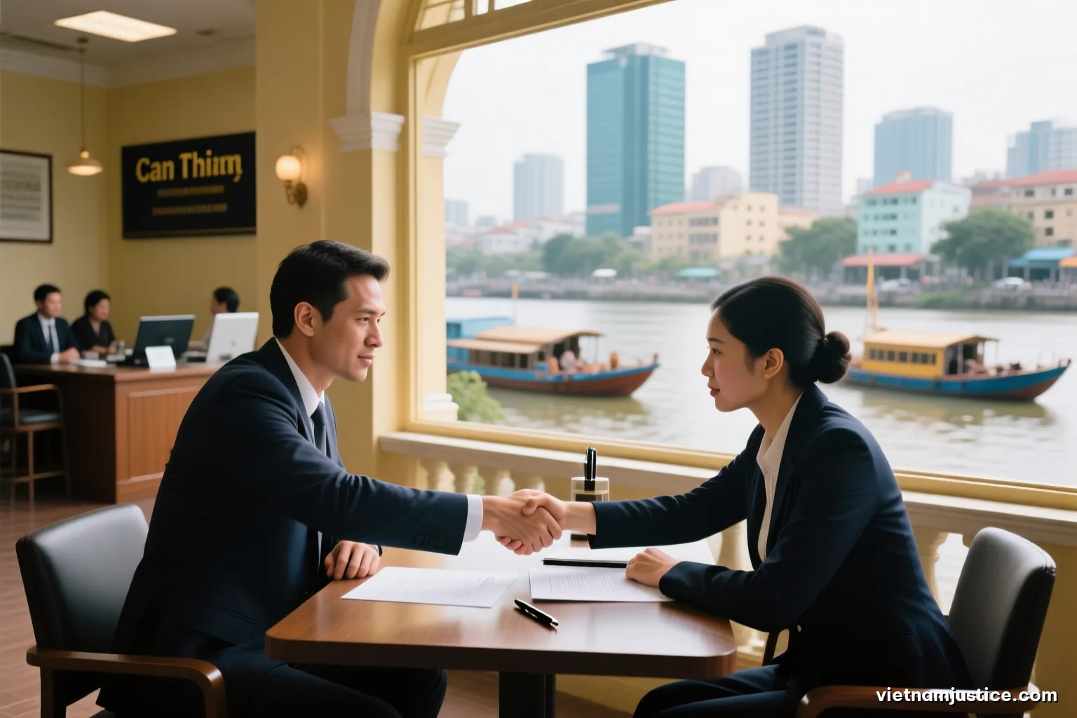 Two business partners seen from behind shaking hands across a low table in a Can Tho riverside office, a pen and blank contract pages between them, river boats outside